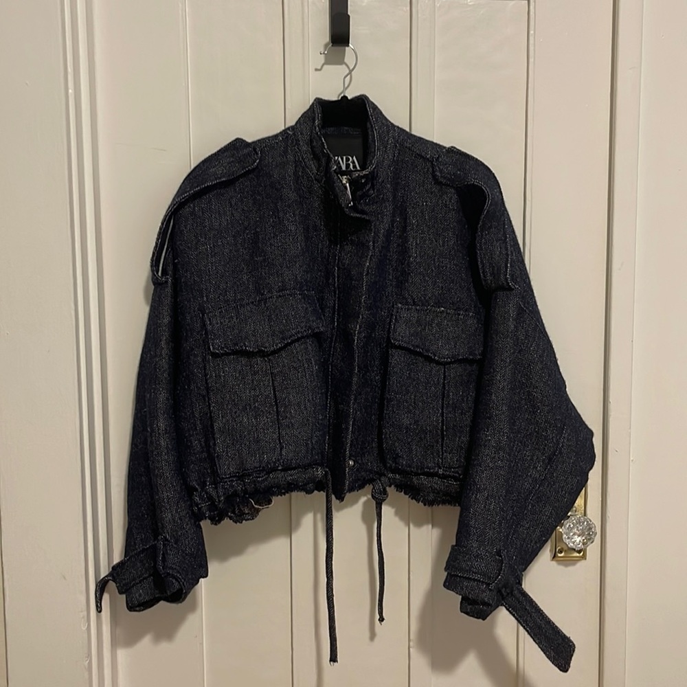 Zara  cropped oversized denim moto  jacket